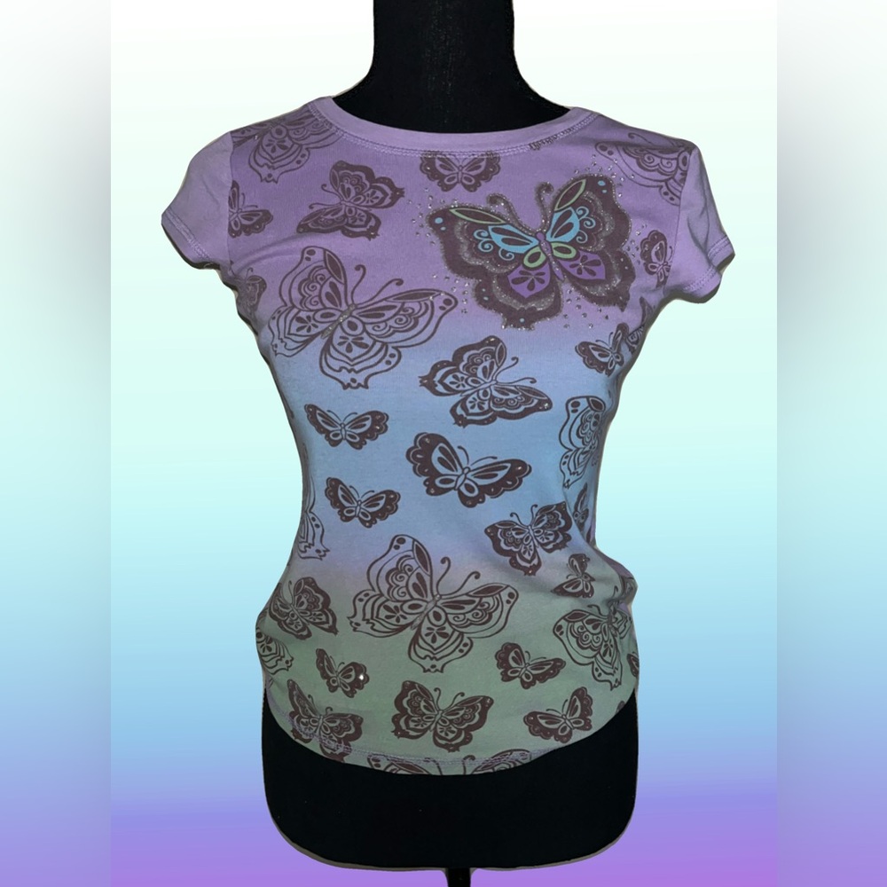 Beautees Lavender Mint Ombre Butterfly Short Sleeve Tee